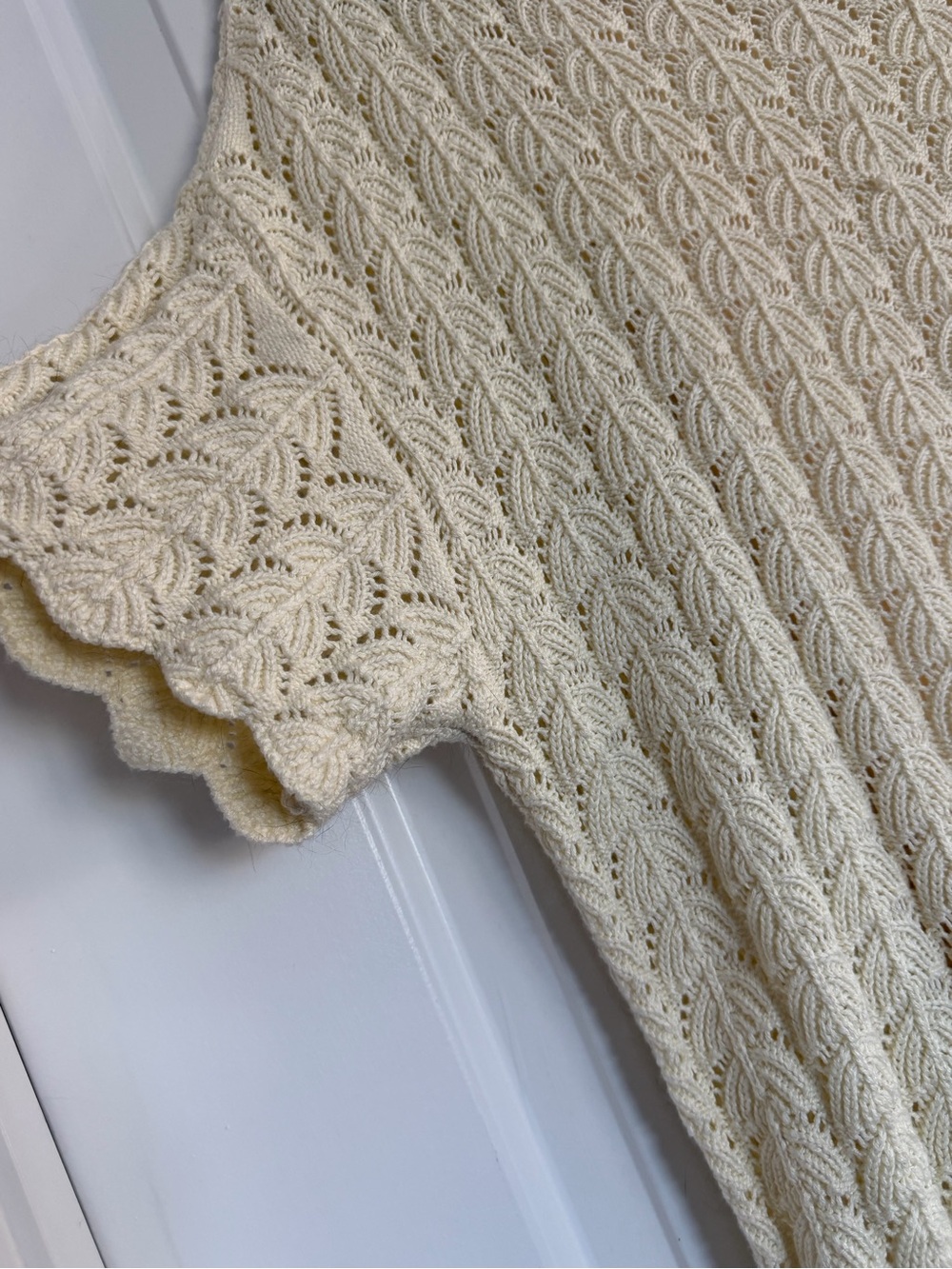 Linen Cotton Blend Cream Openwork Lace Knit Botanical Boho Dress Lined Cottage